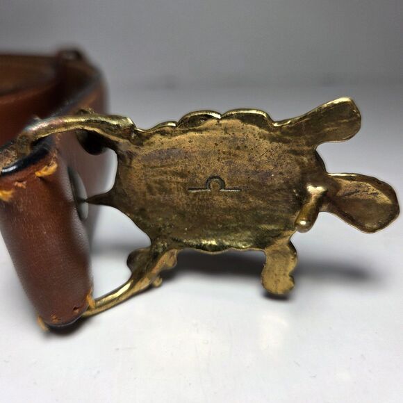 Vtg Turtle Belt Buckle Rawhide Leather Belt 29\